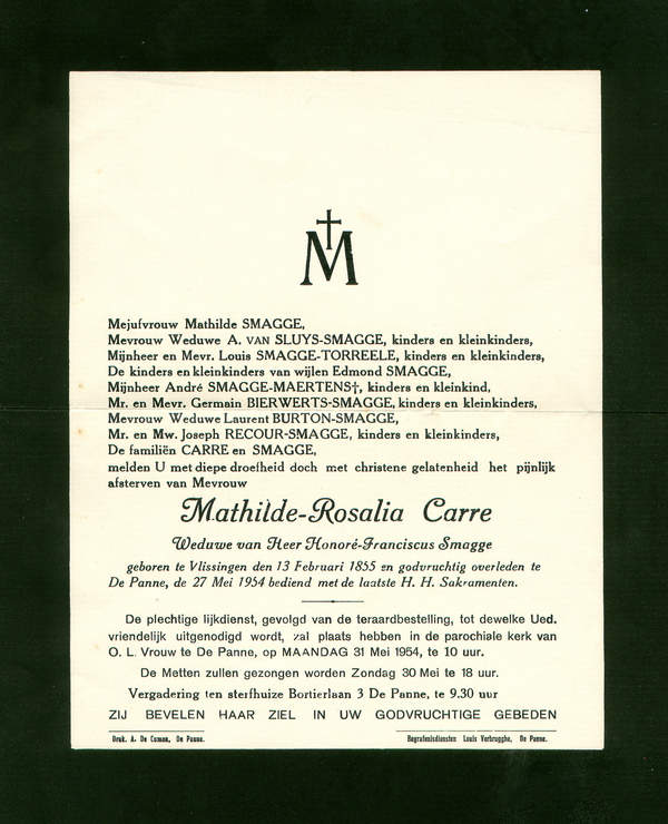 Overlijdensbrief Mathilde-Rosalia Carre